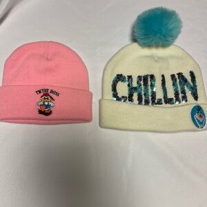 Kids Pink and White Beanie Set with Fun Designs